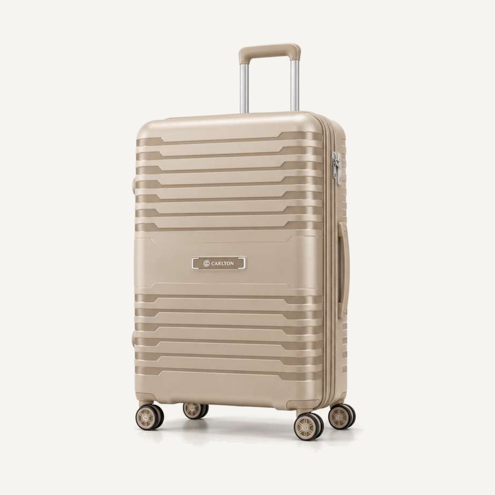 Carlton banded hard shell suitcase in warm beige with colour-matched handles, four wheels