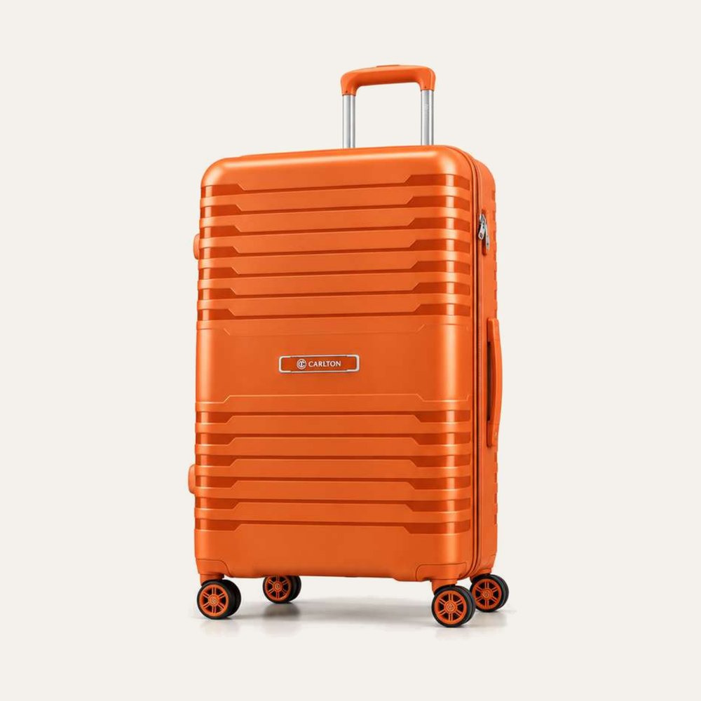 Carlton banded hard shell suitcase in orange with colour-matched handles, four wheels