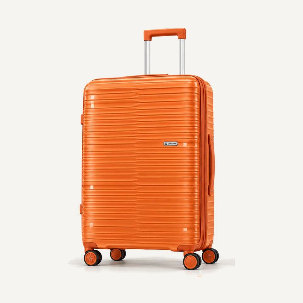 Carlton fine-ribbed hard shell suitcase in orange with colour-matched handles, four wheels