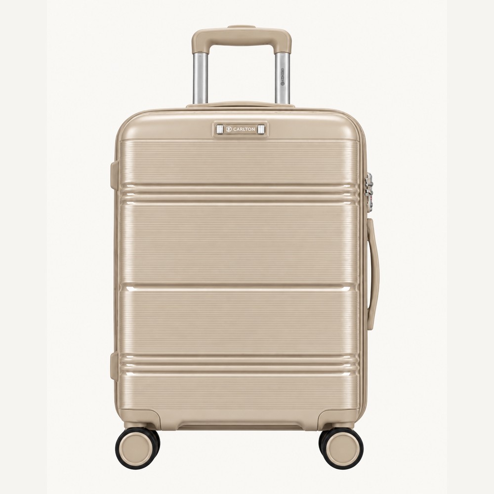 Carlton beige finely ribbed hard shell suitcase stepped into broad panels, four wheels