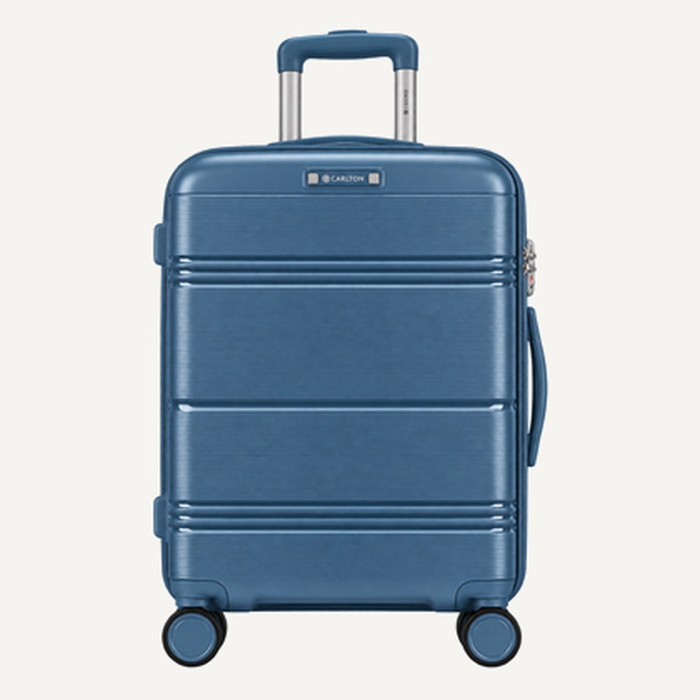 Carlton finely ribbed hard shell cabin suitcase in dusty blue, four wheels