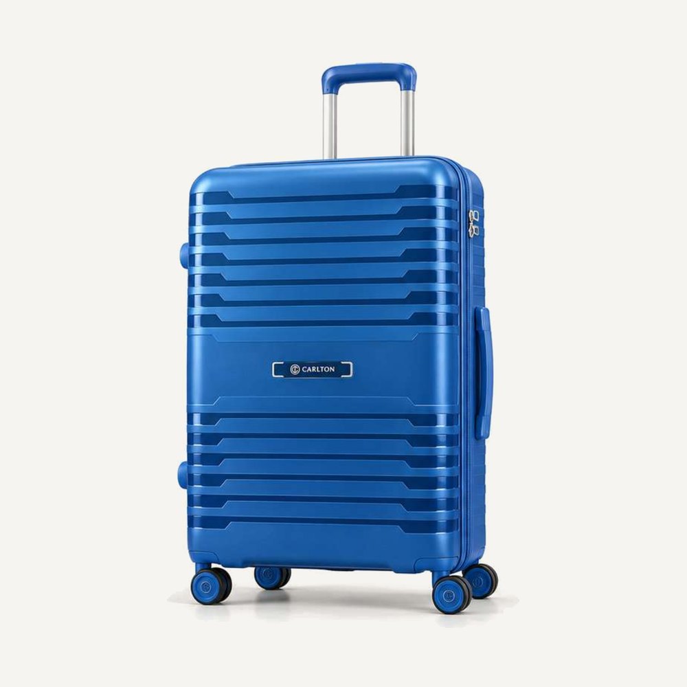Carlton banded hard shell suitcase in blue with colour-matched handles, four wheels