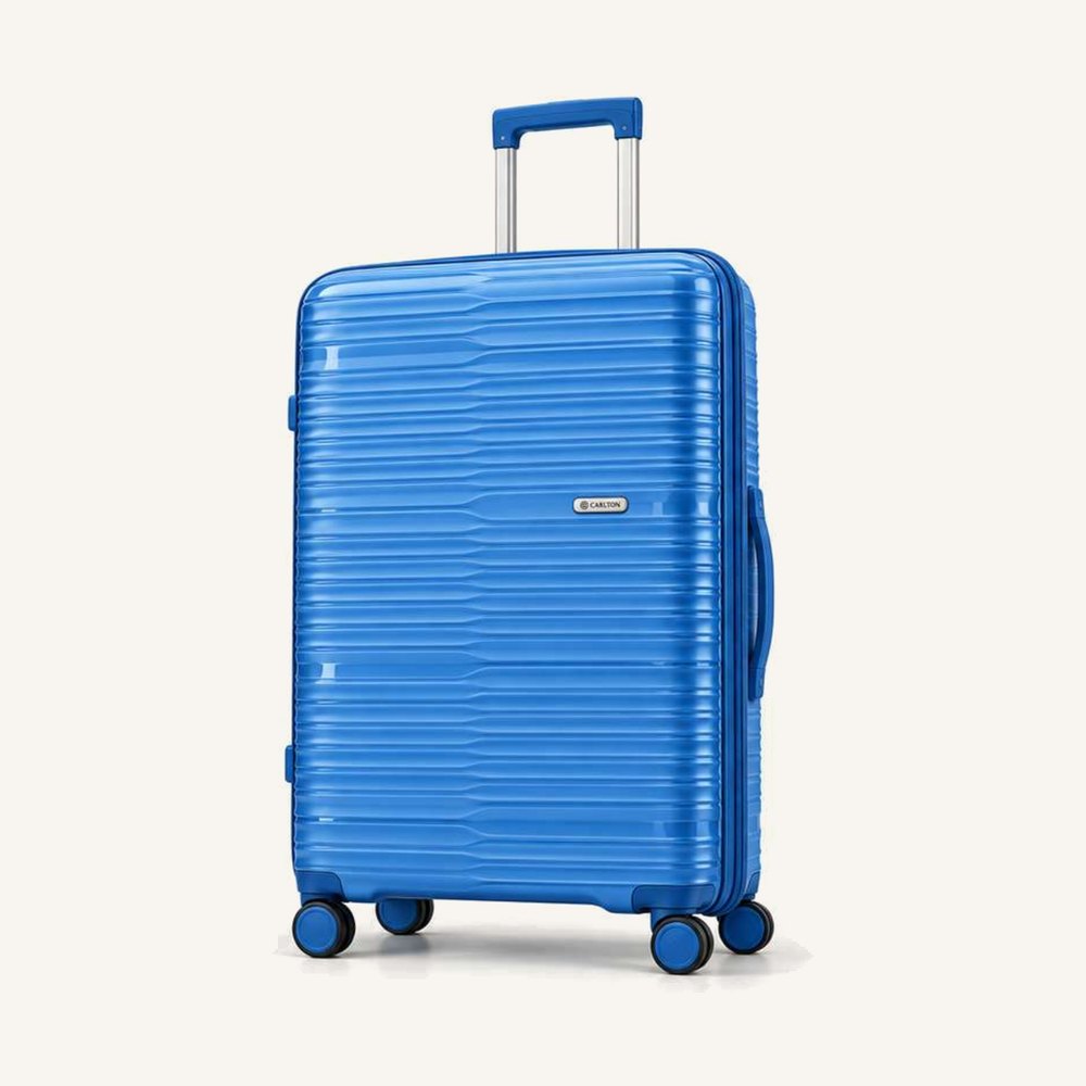 Carlton fine-ribbed hard shell suitcase in bright blue with colour-matched handles, four wheels