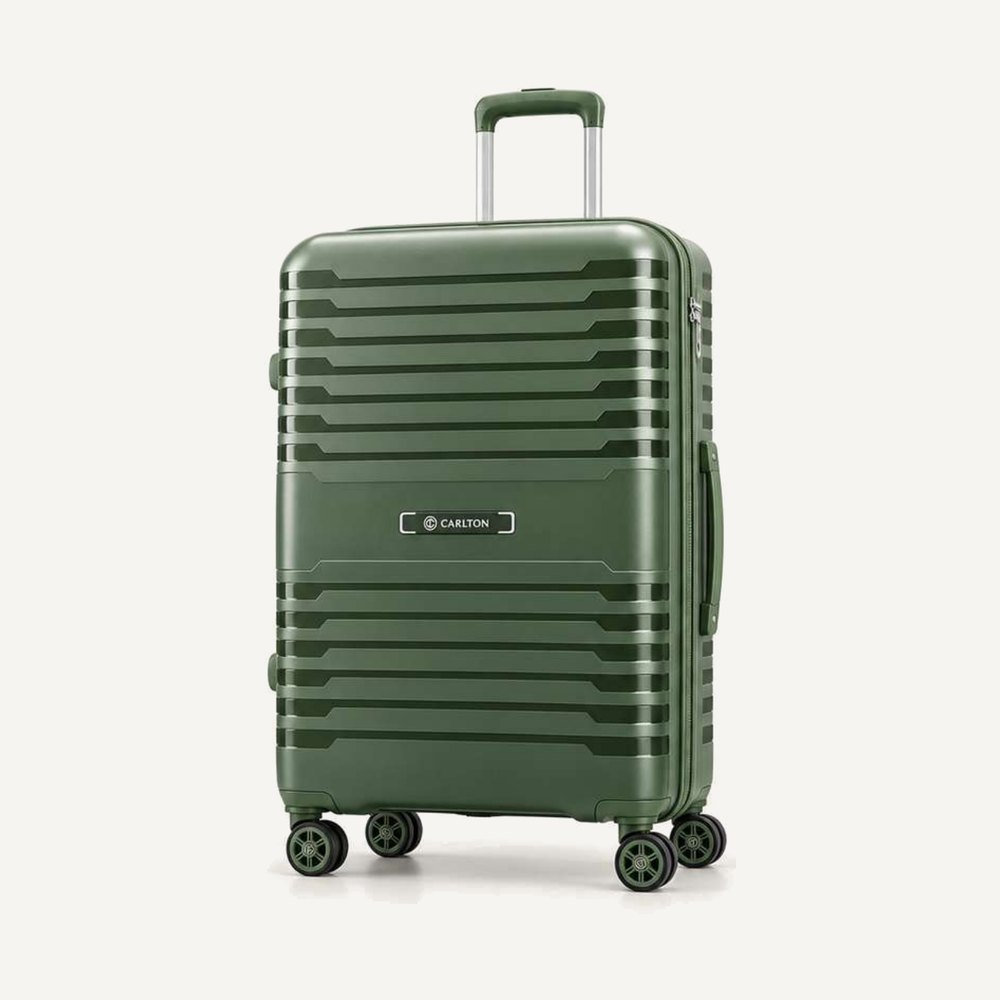 Carlton banded hard shell suitcase in deep green with colour-matched handles, four wheels