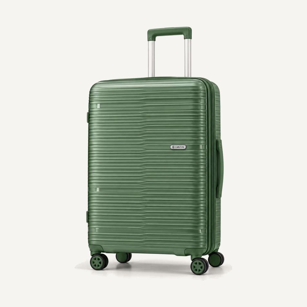Carlton fine-ribbed hard shell suitcase in sage green with colour-matched handles, four wheels