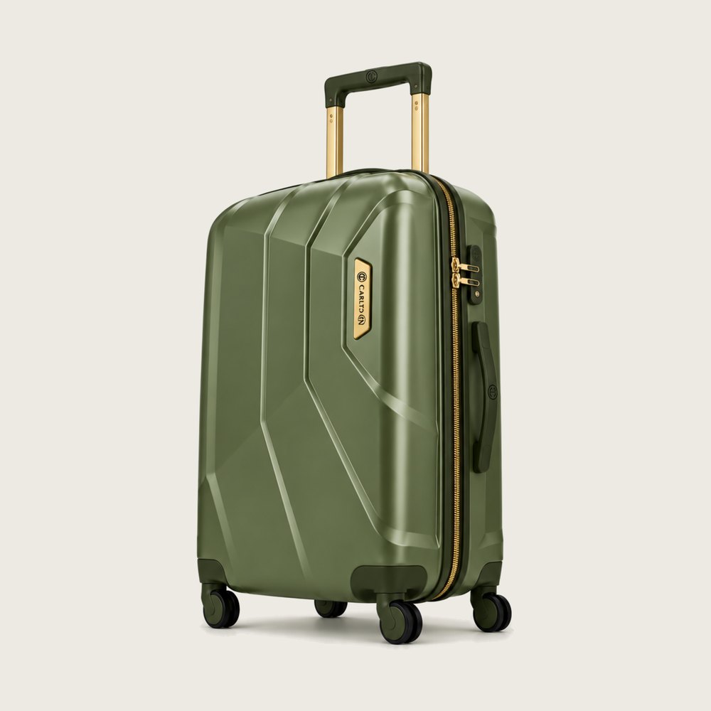 Carlton faceted hard shell suitcase in moss green with deep olive trim and gold hardware, four wheels