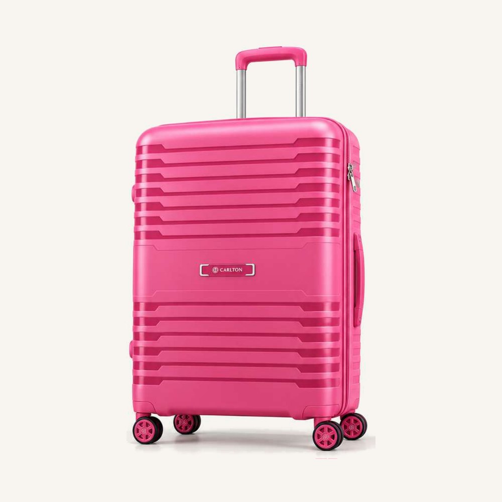 Carlton banded hard shell suitcase in pink with colour-matched handles, four wheels