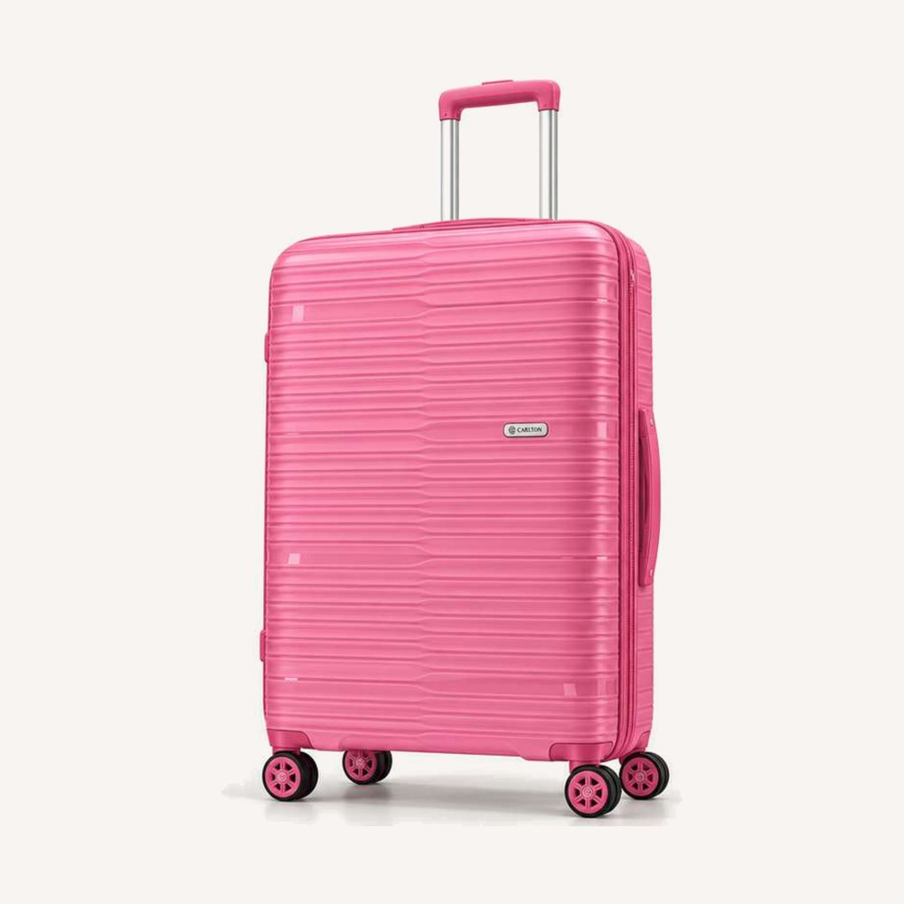 Carlton fine-ribbed hard shell suitcase in pink with colour-matched handles, four wheels
