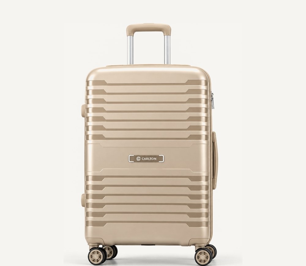Carlton banded hard shell suitcase in warm beige with colour-matched handles, four wheels