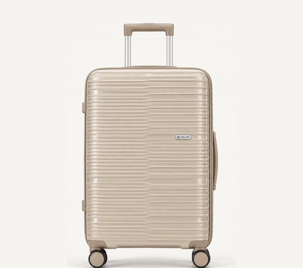 Carlton hard shell suitcase in warm beige with narrow horizontal ribs, four wheels