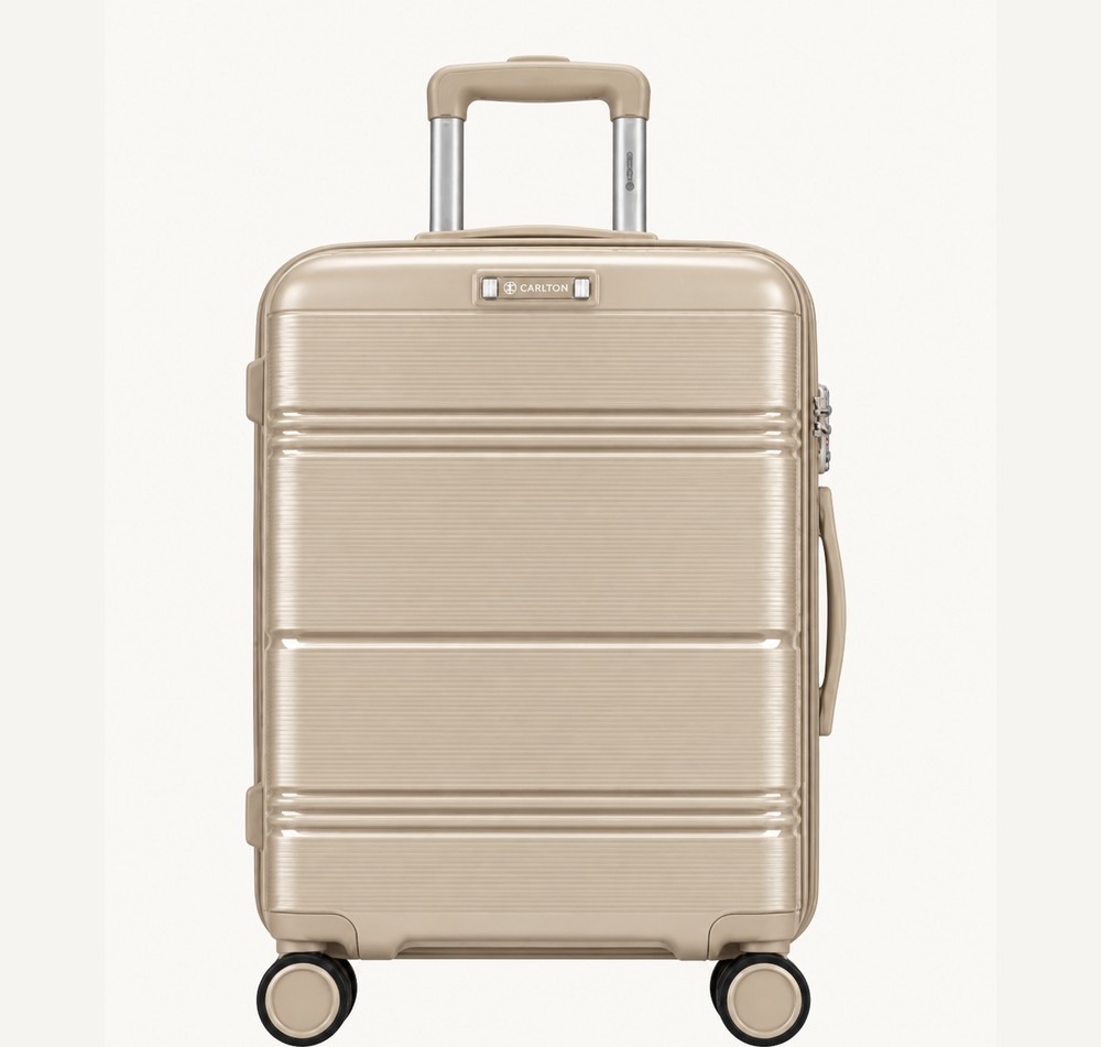 Carlton beige finely ribbed hard shell suitcase stepped into broad panels, four wheels