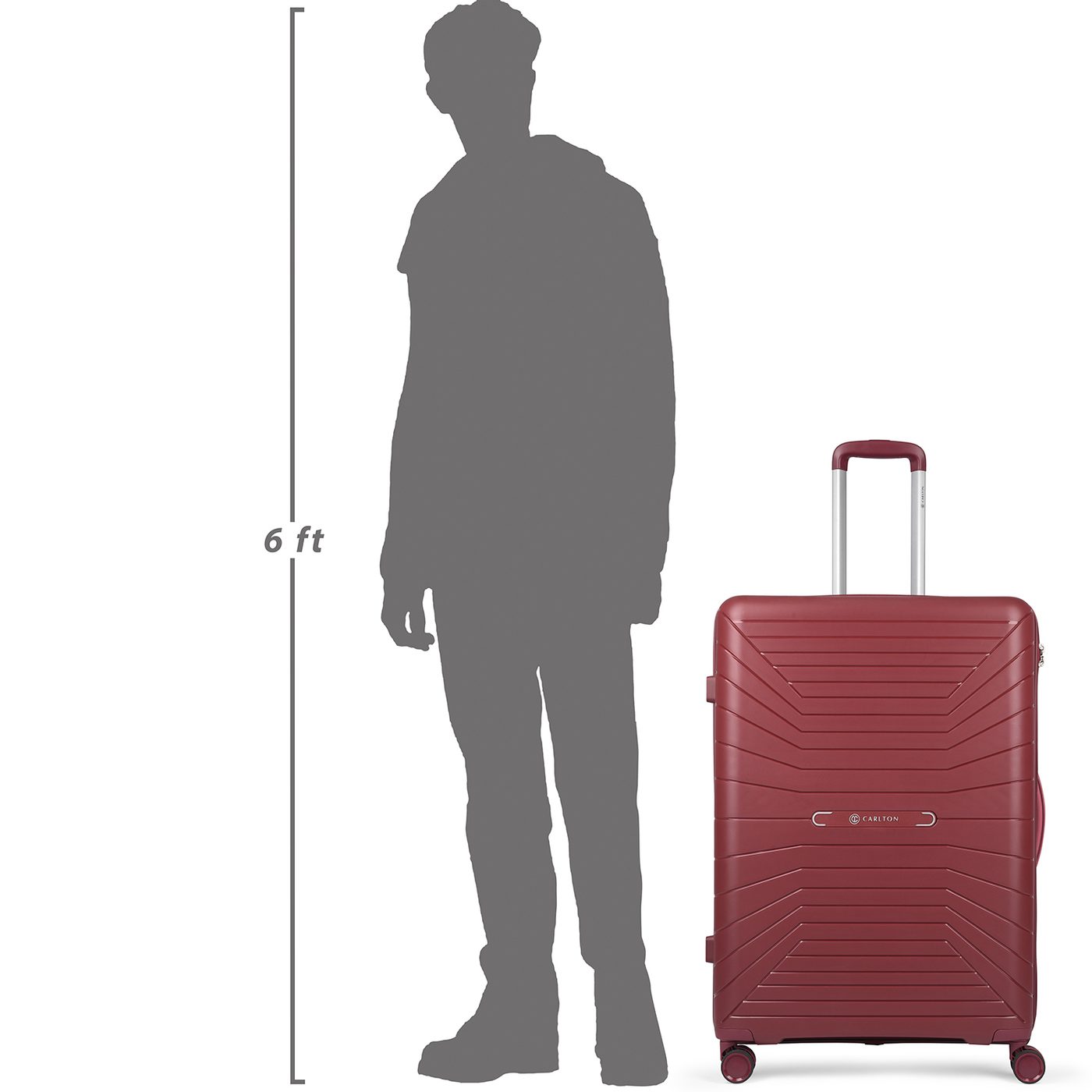Carlton Carnival Plus in Maroon — beside a 6 ft figure