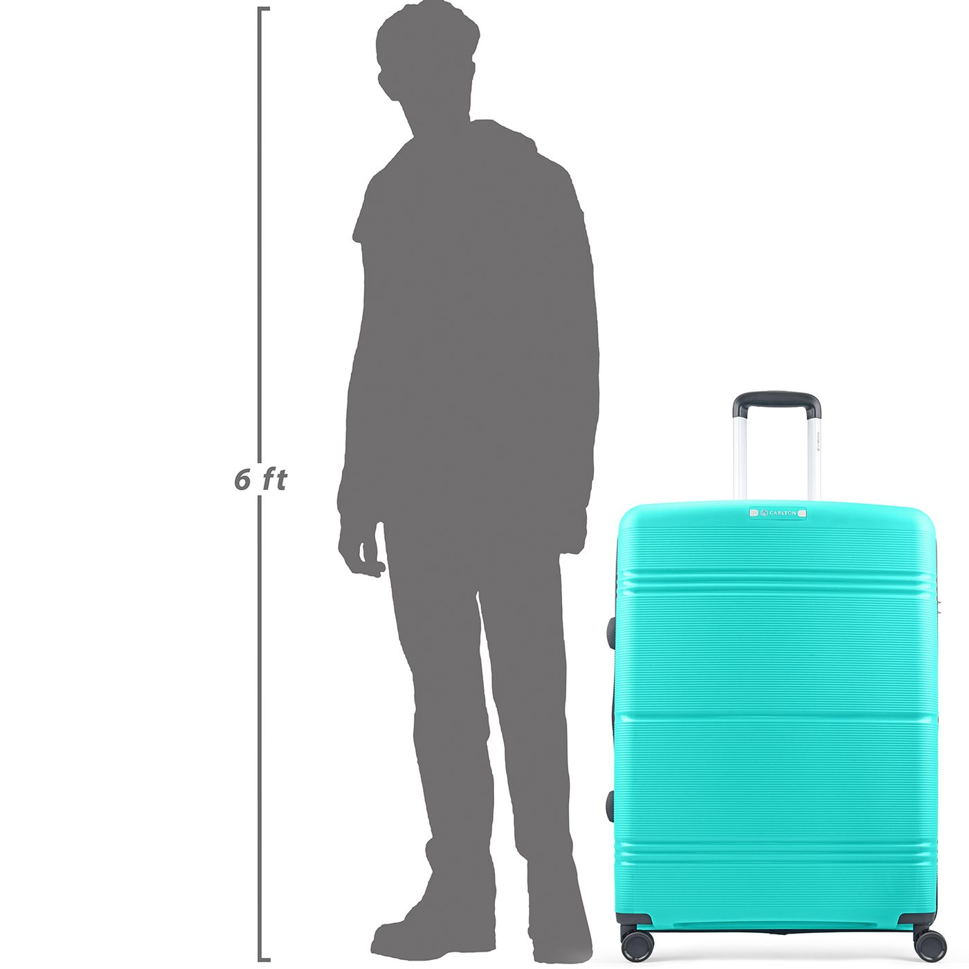 Carlton Focus Plus in Turquoise — beside a 6 ft figure