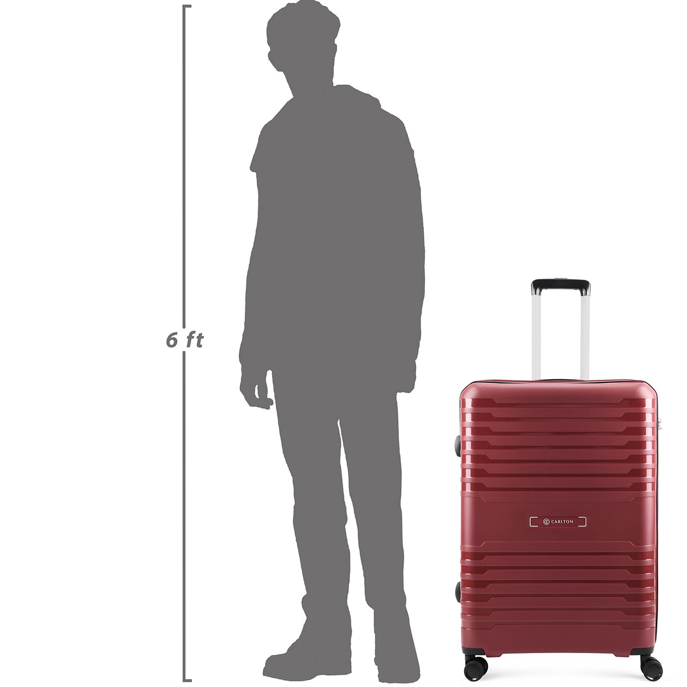 Carlton Harbour Plus in Maroon — beside a 6 ft figure