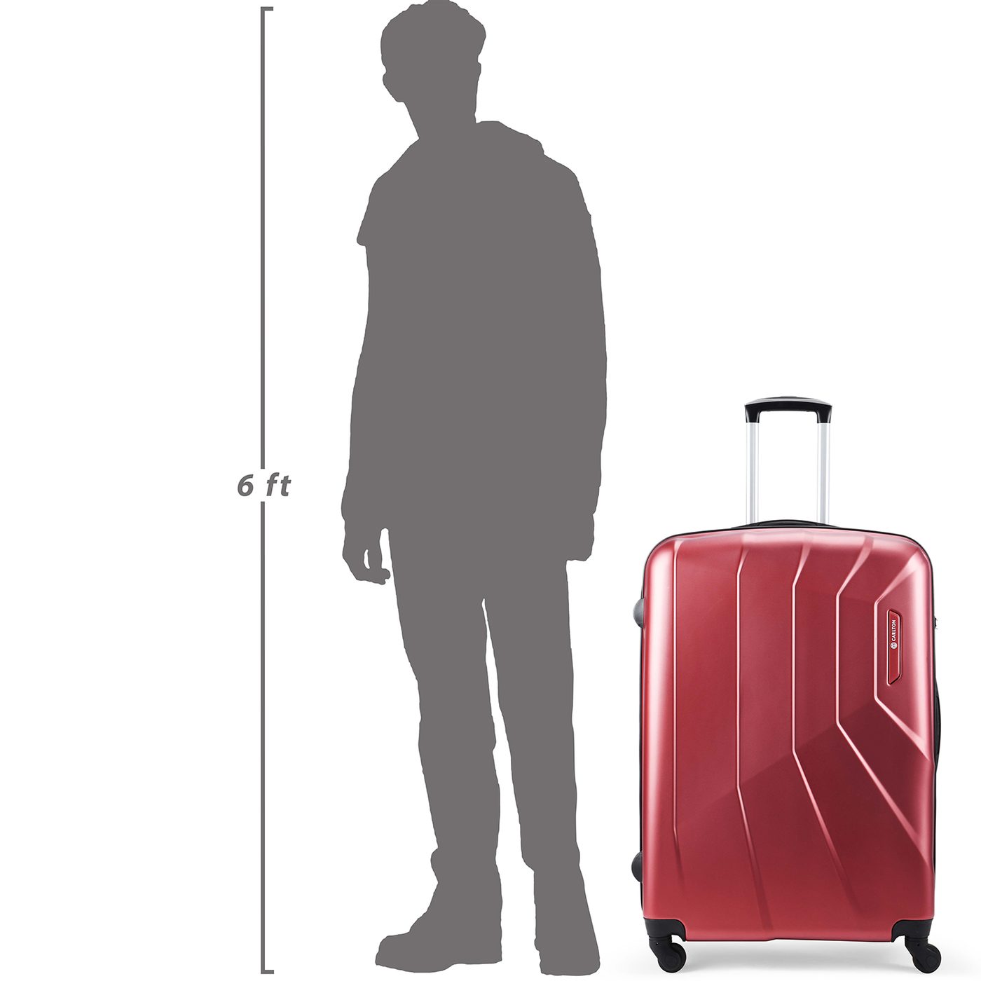 Carlton Paddington NXT in Maroon — beside a 6 ft figure