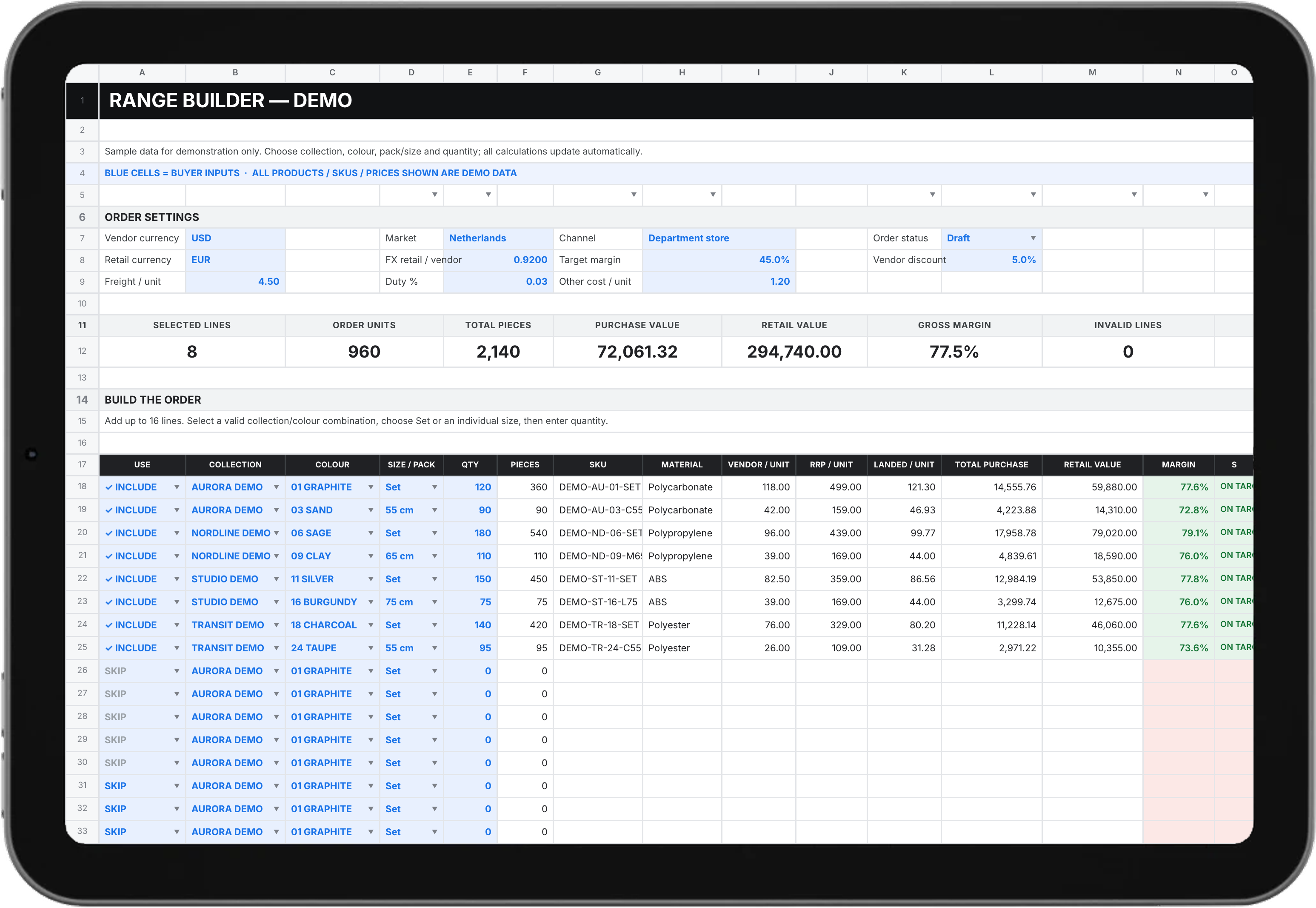 A tablet showing the range builder — a working spreadsheet where a buyer picks collections, colours, pack sizes and quantities, and the order units, totals and margin calculate as they go. Every product and figure on screen is demo data.